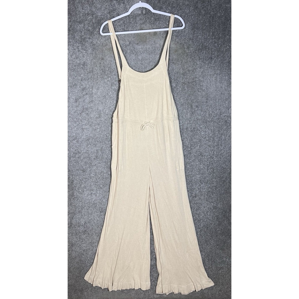 Free People Beach Shelby Wide Leg Overalls Womens Sz M Beige Linen Blend Ribbed